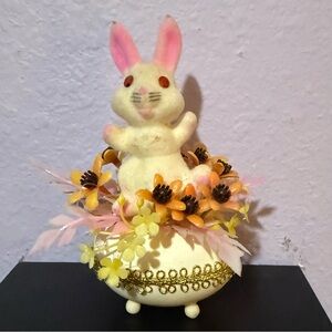 Vintage White and Pink Plastic Rabbit Bunny with Floral Accents on Egg Easter